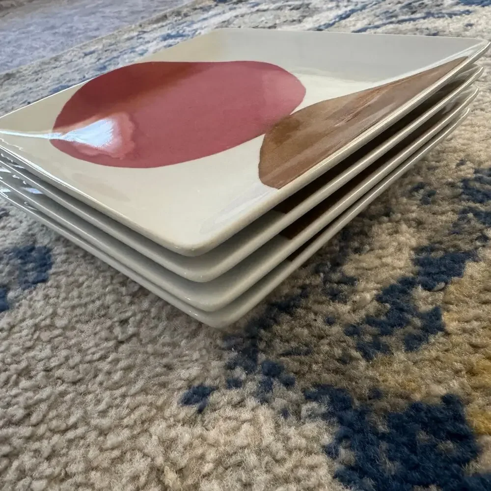 West Elm Luli Sanchez Abstract Circle 8” Square Plates Set of 4 Pink Brown